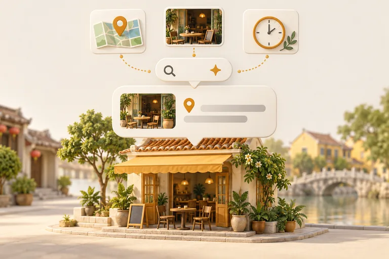Minh hoạ công cụ tìm kiếm AI tổng hợp thông tin địa điểm, hình ảnh và giờ mở cửa từ nhiều nguồn