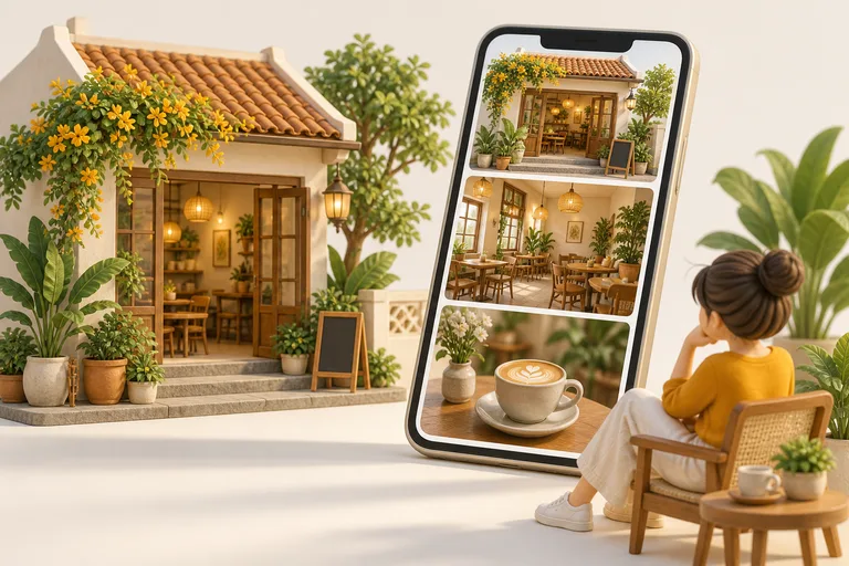 Minh hoạ khách xem ảnh mặt tiền, không gian và đồ uống của quán trên điện thoại
