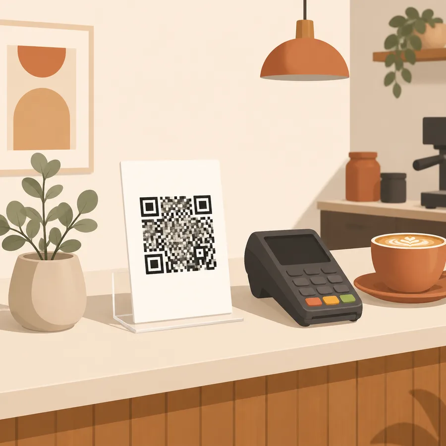 Tấm giấy có mã QR dựng đứng trong giá kẹp trên quầy thanh toán quán cà phê, cạnh máy quẹt thẻ