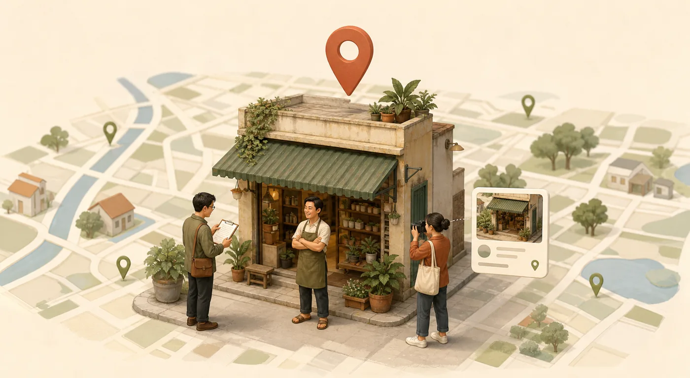 Chủ cửa hàng trao đổi với nhân viên OnMaps đang kiểm tra danh sách việc, trong khi một nhân viên khác chụp ảnh hồ sơ địa điểm trên bản đồ